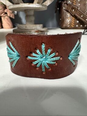 Handcrafted Brown Leather Cuff Bracelet with Turquoise Embroidery